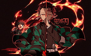 Tanjiro Kamado in Dark Demon Slayer Form with Flame Aura and Nichirin Sword HD wallpaper