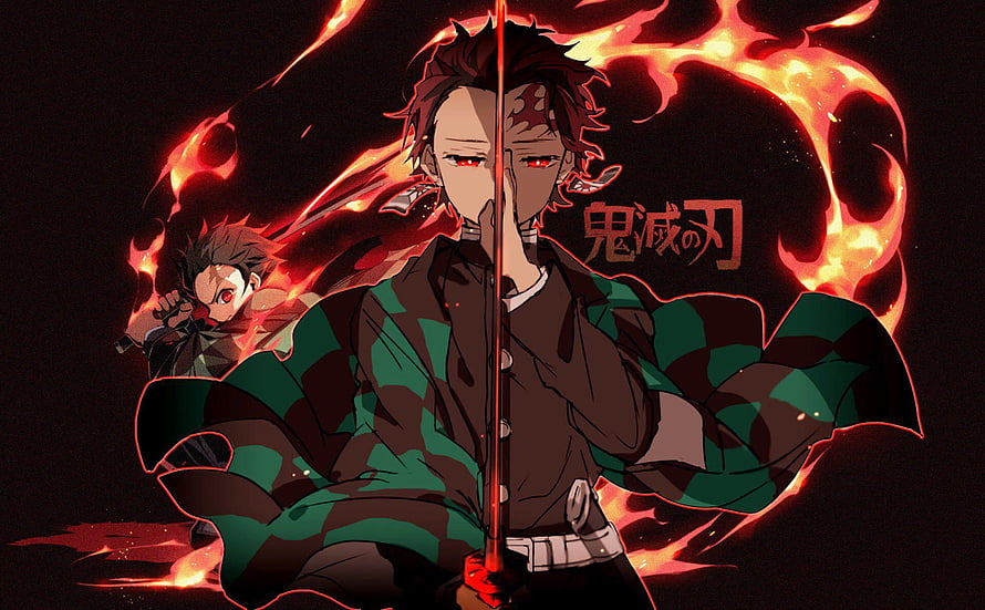 Tanjiro Kamado in Dark Demon Slayer Form with Flame Aura and Nichirin Sword HD wallpaper