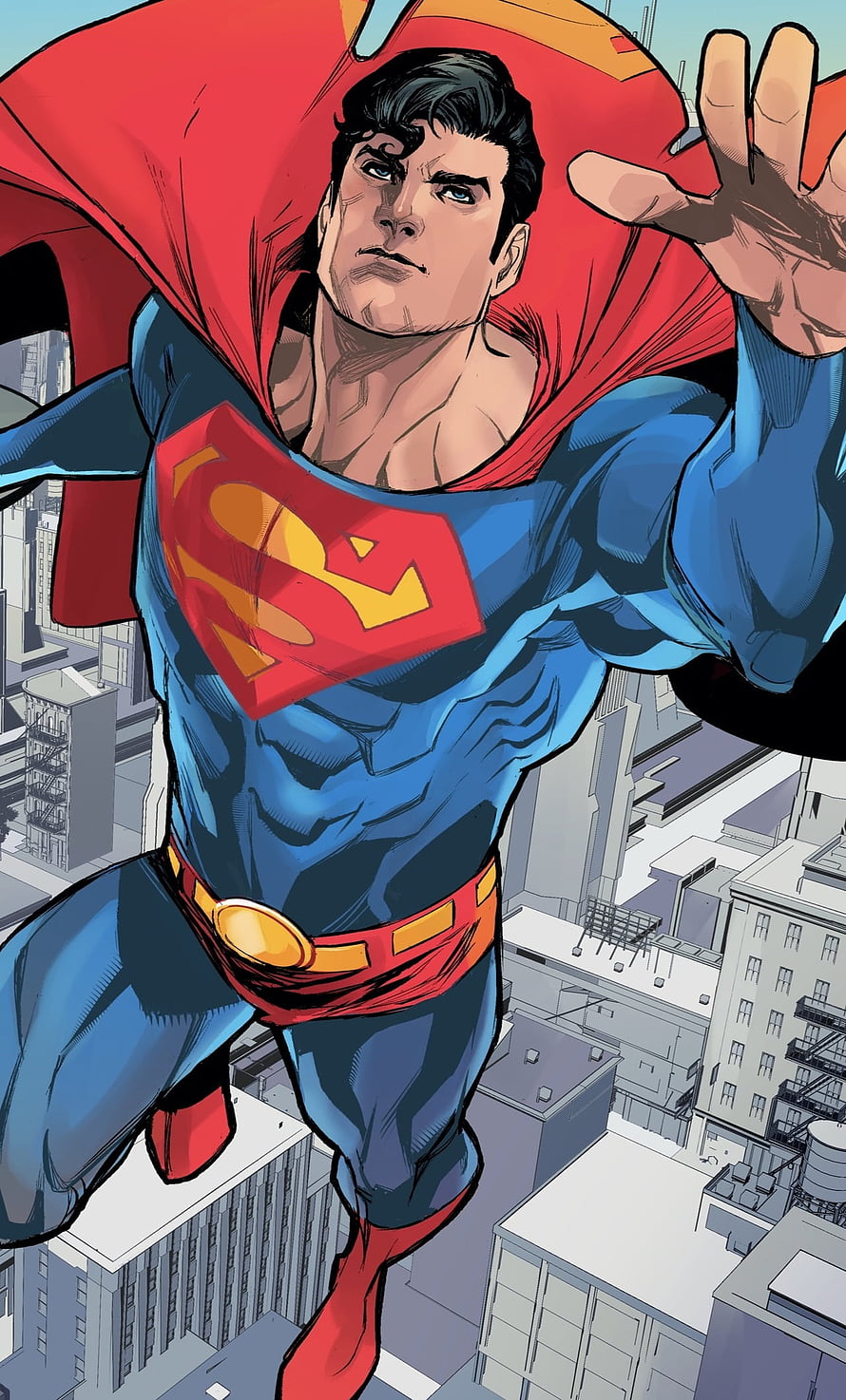 Superman Flying Over Cityscape in Classic Comic Book Style with Red Cape and Blue Suit HD phone wallpaper