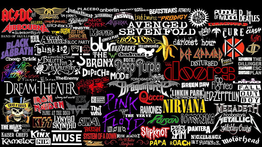 Classic Rock and Metal Band Logo Collage on Black Background HD wallpaper