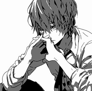 Monochrome Anime Boy with Messy Hair in a Contemplative Pose HD wallpaper