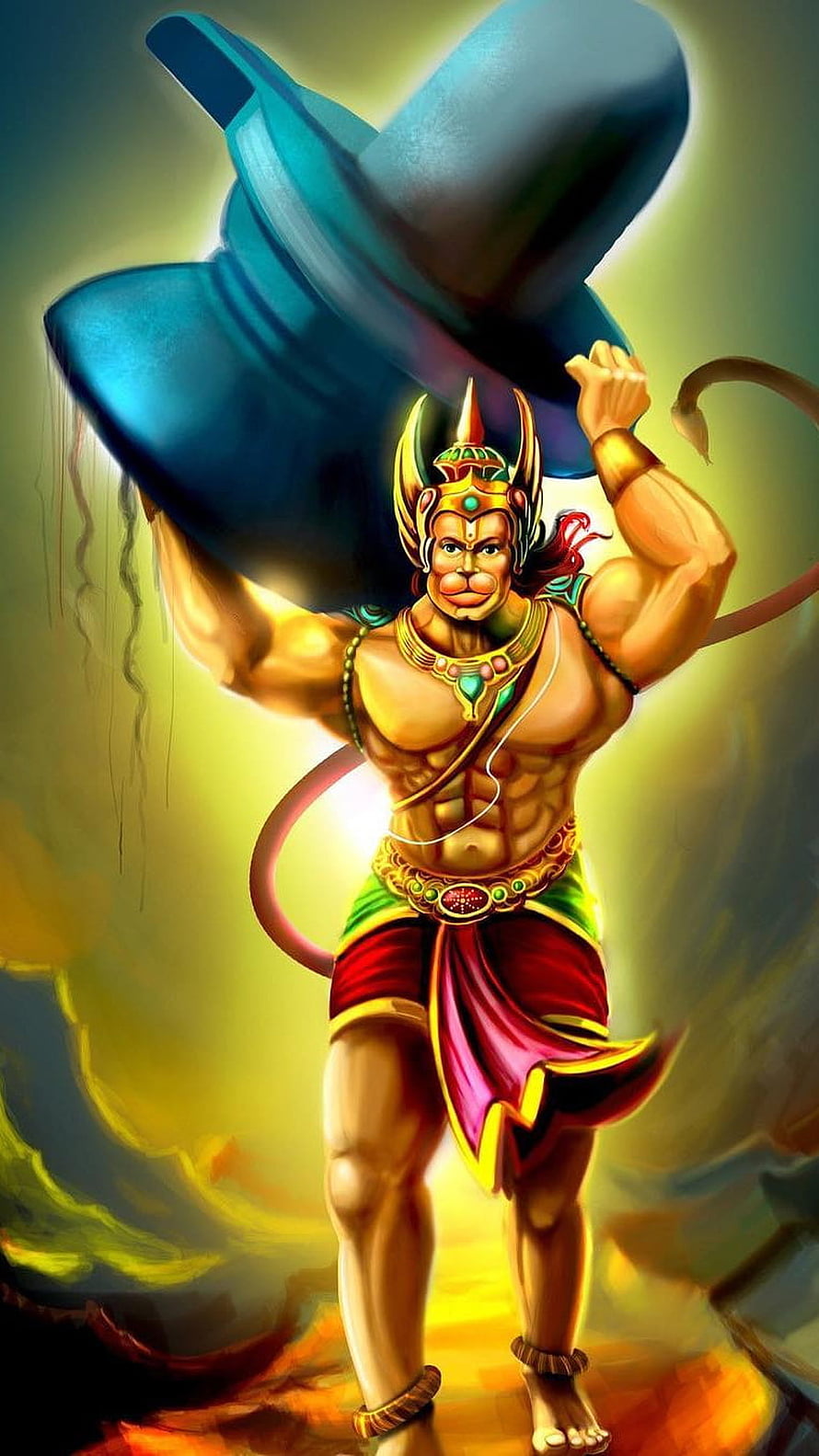 Lord Hanuman Carrying Mount Sumeru in Vibrant Digital Art HD phone wallpaper