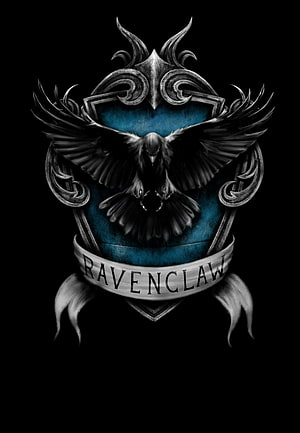 Ravenclaw House Crest with Raven and Ornate Silver Frame on Black Background HD phone wallpaper