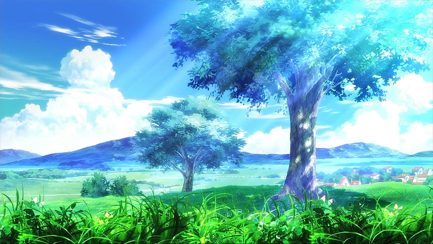 One Piece Anime Landscape with Lush Green Hills and Sunlit Trees HD wallpaper