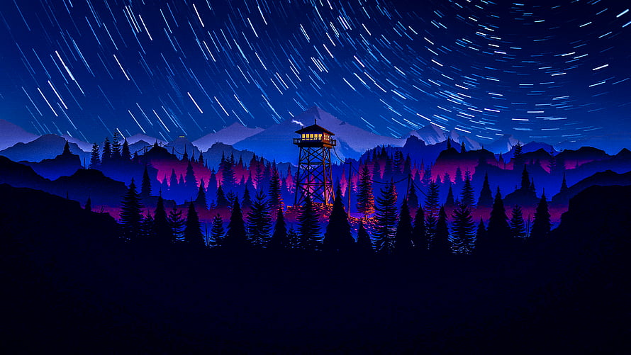 Firewatch Night Scene With Star Trails, Pine Forest, and Illuminated Fire Tower HD wallpaper