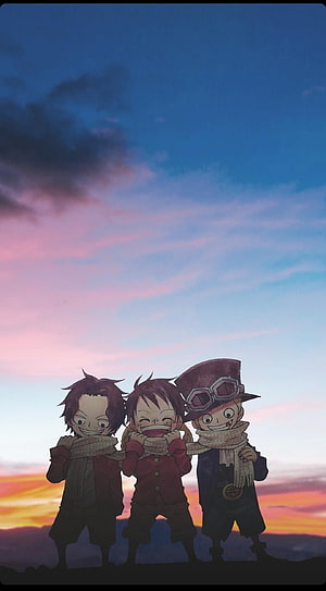 One Piece Childhood Trio Luffy Ace and Sabo Silhouetted Against a Vibrant Sunset Sky HD phone wallpaper