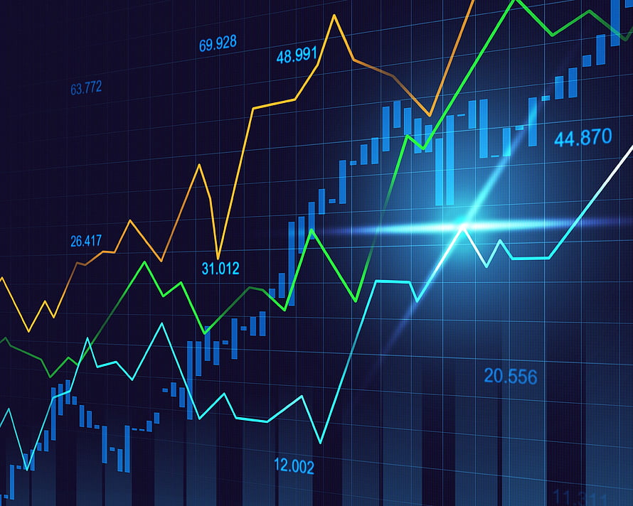 Dynamic Financial Market Chart with Candlestick Patterns and Trend Lines on Dark Blue Background HD wallpaper