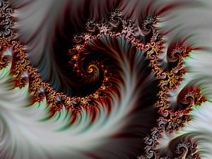 Intricate Fractal Spiral with Fiery Red and Gold Details on a Dark Background HD wallpaper