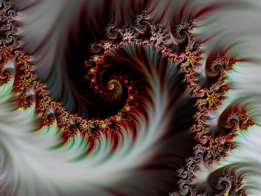 Intricate Fractal Spiral with Fiery Red and Gold Details on a Dark Background HD wallpaper
