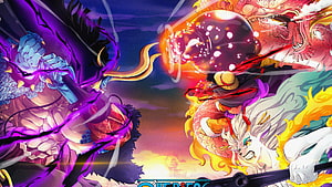 One Piece Epic Battle: Luffy, Kaido, Yamato, and Momonosuke in Dynamic Anime Action HD wallpaper