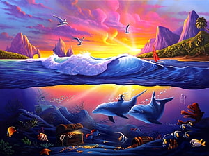 Vibrant Split-View Ocean Scene Featuring Dolphins, Sunken Treasure, and Tropical Sunset HD wallpaper