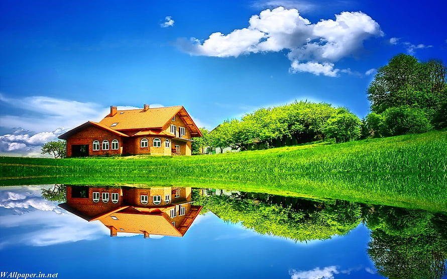 Rustic brick house with orange roof reflected in a calm pond under a bright blue sky HD wallpaper
