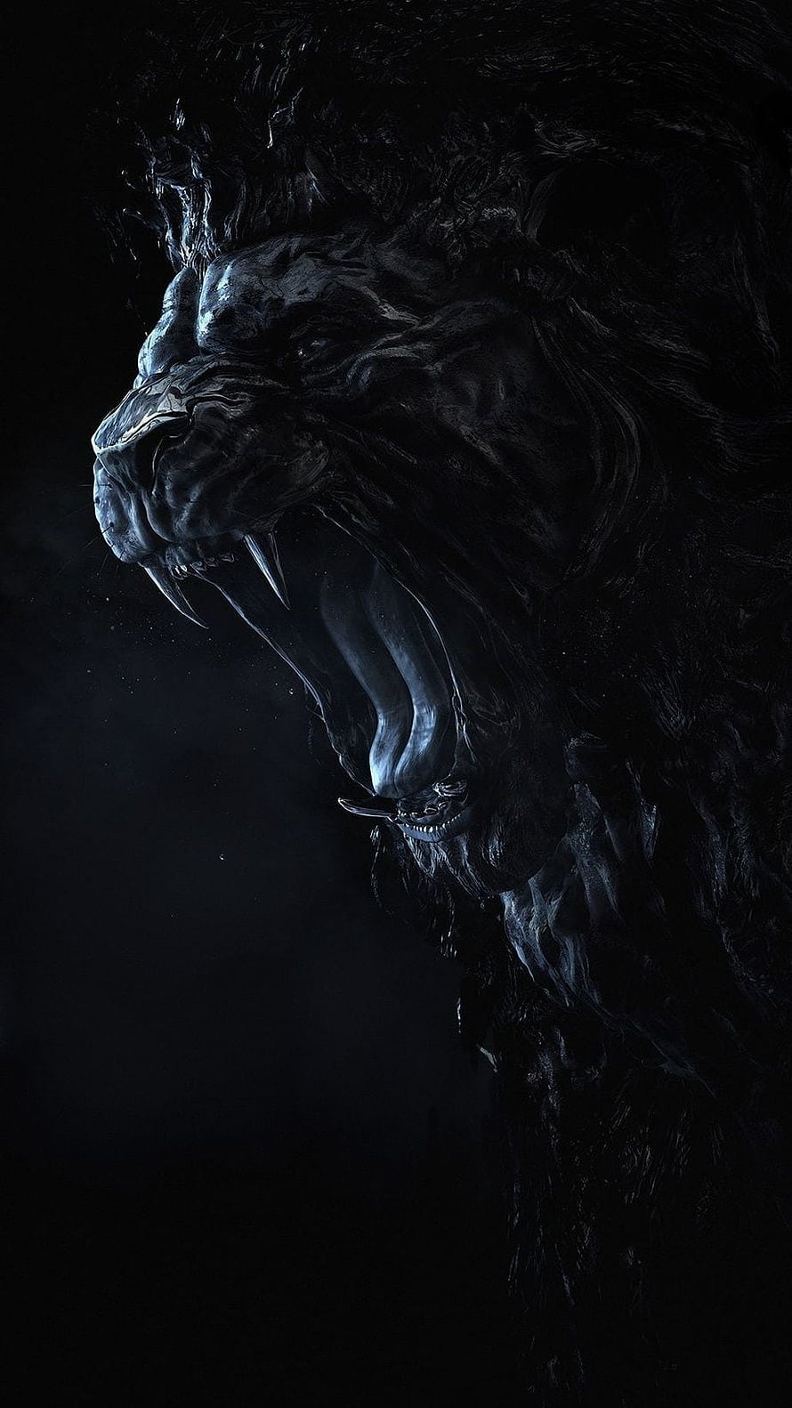 Fierce Black Lion Roaring in Dark Shadow with Sharp Teeth and Intense Feral Expression HD phone wallpaper