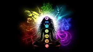 Meditating Figure with Glowing Chakra Energy and Rainbow Aura on Black Background HD wallpaper