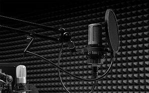 Professional Condenser Microphone with Pop Filter in Acoustic Recording Studio HD wallpaper