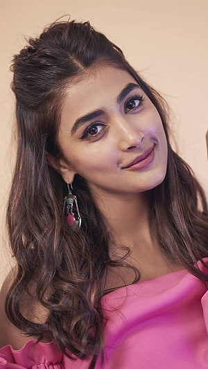 Pooja Hegde Portrait in Vibrant Pink Off-Shoulder Blouse with Intricate Dangling Earrings HD phone wallpaper