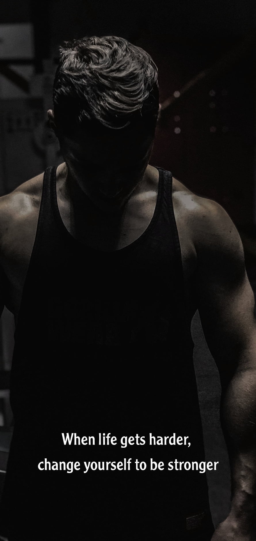 Dark Gym Portrait of Muscular Man in Black Tank Top with Motivational Quote, Gym motivation, sport HD phone wallpaper
