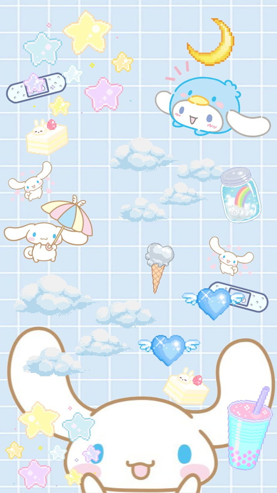 Cinnamoroll Sanrio Character with Stars, Clouds, and Pastel Treats on Light Blue Grid Background HD phone wallpaper