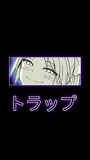 Trap Anime Character Close-Up with Neon Purple Glow and Japanese Text on Black Background HD phone wallpaper
