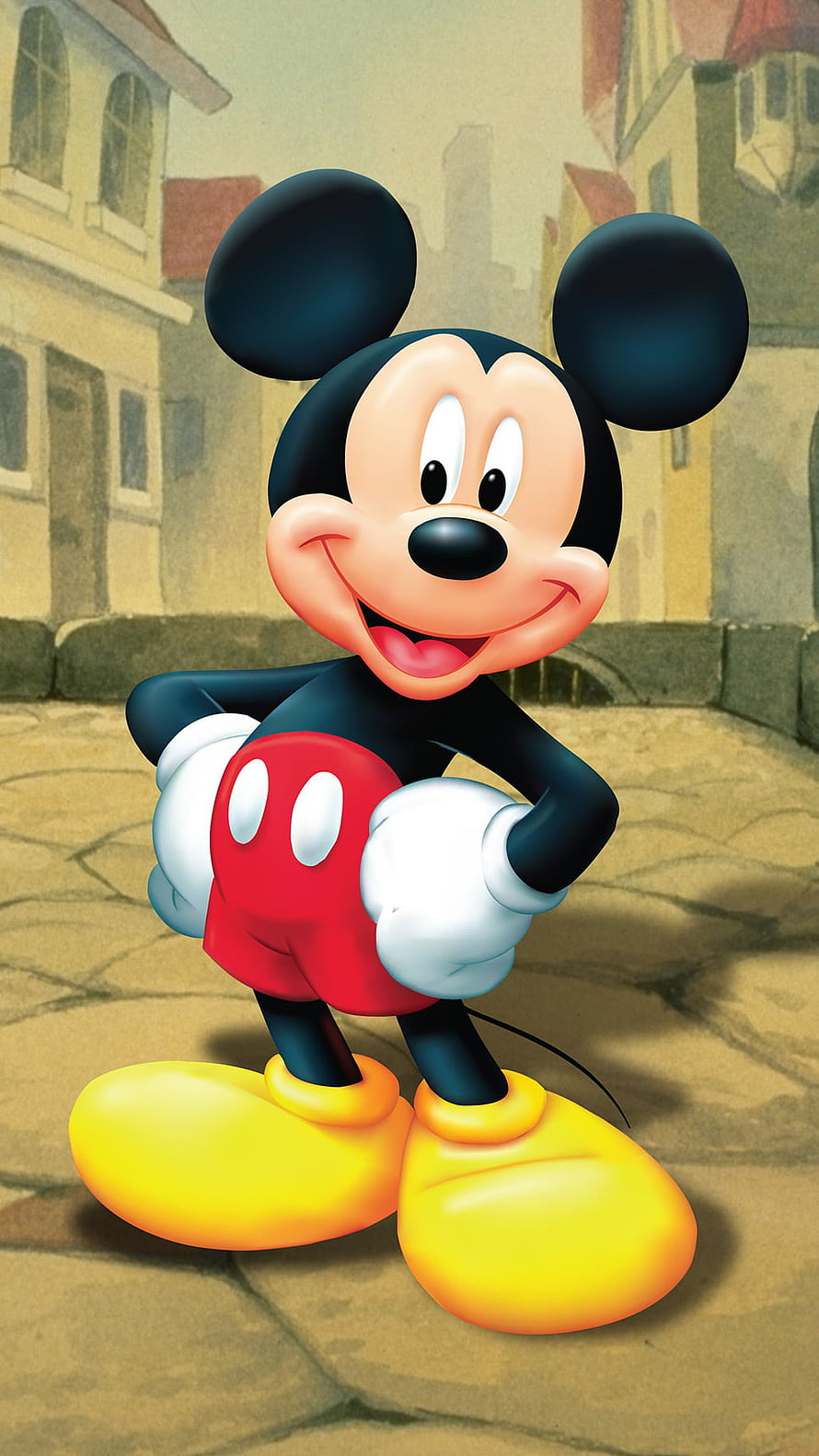 Mickey Mouse Standing in a European Town Square with Hands on Hips HD phone wallpaper