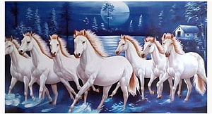 Seven White Horses Galloping Through a Moonlit Forest Lake at Night HD wallpaper