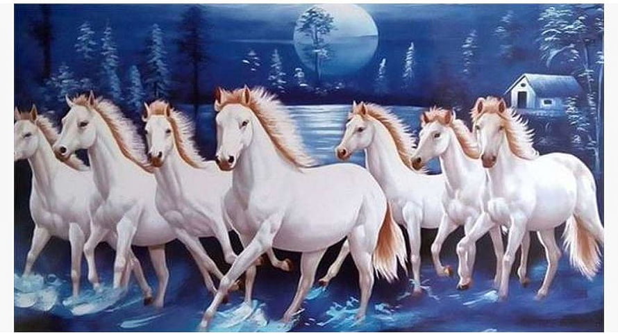Seven White Horses Galloping Through a Moonlit Forest Lake at Night HD wallpaper