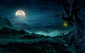 Eerie Full Moon Over Dark Forest Landscape with Distant Castle and Misty Valley HD wallpaper