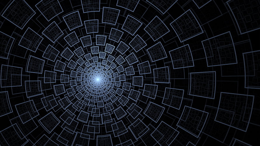 Hypnotic Geometric Tunnel with Receding Square Grids and Central Light Point HD wallpaper