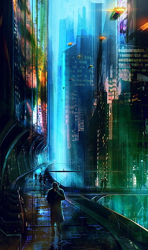 Blade Runner Futuristic Cityscape with Neon Lights and Rainy Streets HD phone wallpaper