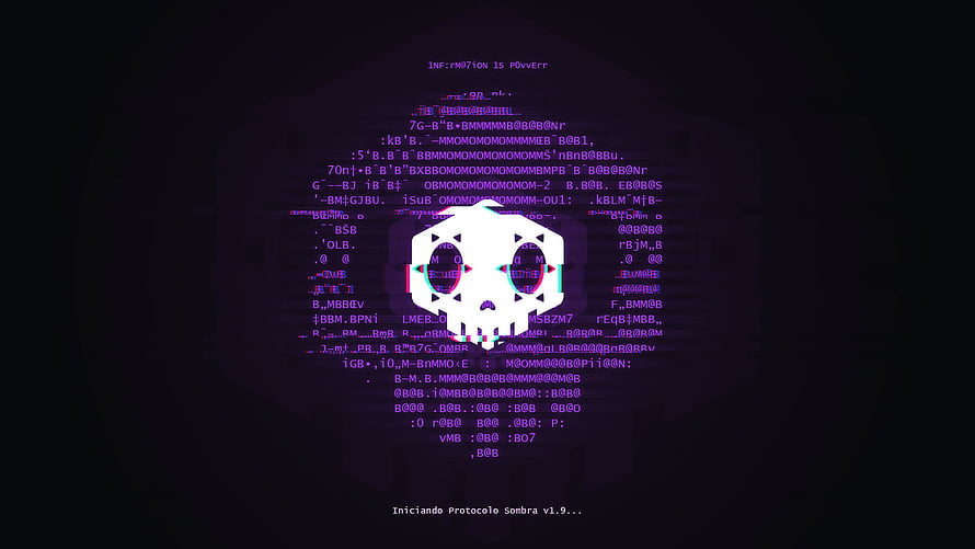 Sombra Overwatch Hacker Skull Logo with Glitch Text on Dark Background HD wallpaper
