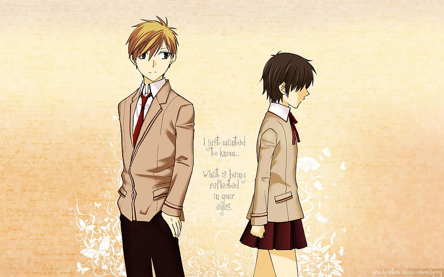 Hoshi wa Utau anime couple in school uniforms standing apart with poetic text on warm beige background HD wallpaper