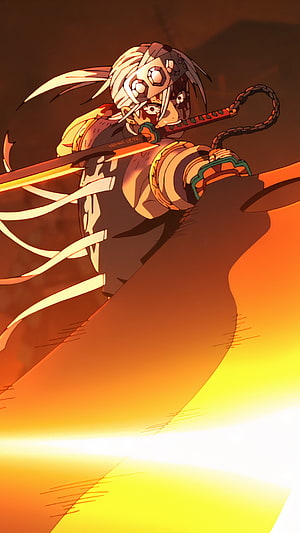 Tengen Uzui Demon Slayer Anime Character with Katana in Dramatic Orange Light HD phone wallpaper