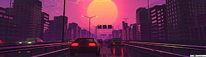 Retro-Futuristic City Highway at Sunset with Neon Pink Sky and Classic Cars HD wallpaper
