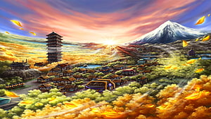 Johto Region Townscape with Tower and Snow-Capped Mountain at Sunset HD wallpaper