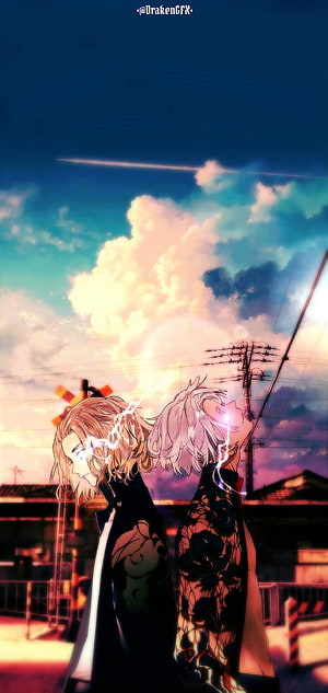 Tokyo Revengers Anime Art: Draken and Mikey Standing Under a Dramatic Sunset Sky HD phone wallpaper