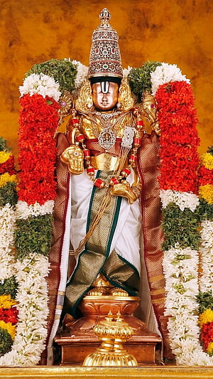Lord Venkateswara Swamy Deity Adorned in Gold and Flower Garlands HD phone wallpaper