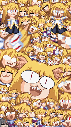 Neco Arc Pixel Art Meme Wallpaper with Chaotic Crowd and Manic Expression HD phone wallpaper