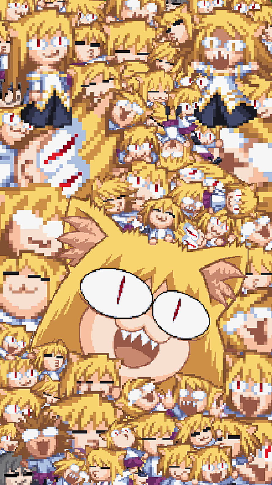 Neco Arc Pixel Art Meme Wallpaper with Chaotic Crowd and Manic Expression HD phone wallpaper