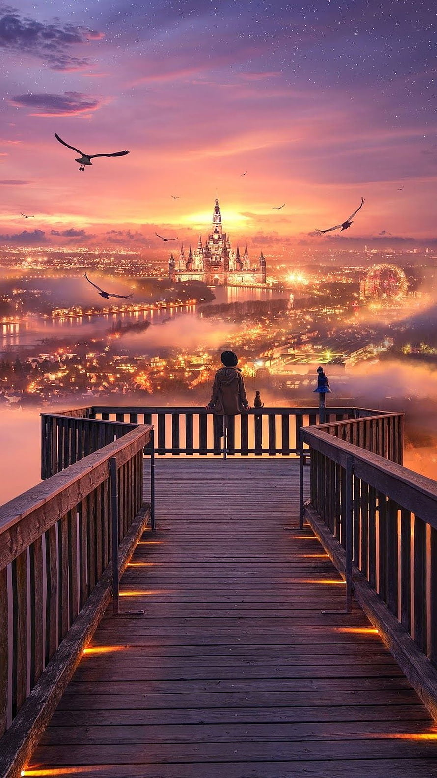 Fantasy Cityscape at Sunset with Castle and Birds in Flight HD phone wallpaper