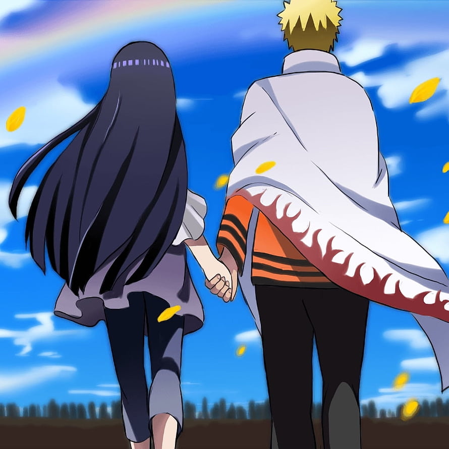 Naruto and Hinata Walking Hand in Hand Under a Blue Sky with Falling Leaves HD phone wallpaper