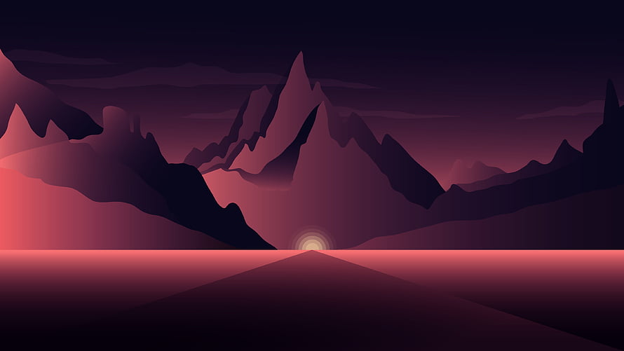 Minimalist Digital Art of a Dark Mountain Range at Sunset with a Glowing Horizon HD wallpaper