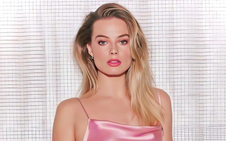 Margot Robbie in a pink satin dress with blonde hair against a white grid backdrop HD wallpaper
