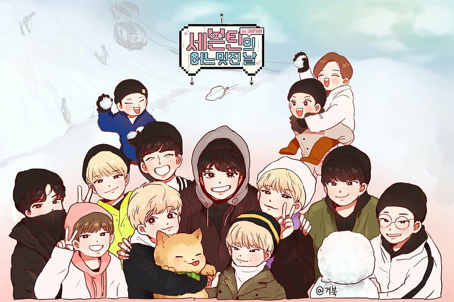 Seventeen Kpop Group Cute Winter Fan Art Illustration HD wallpaper