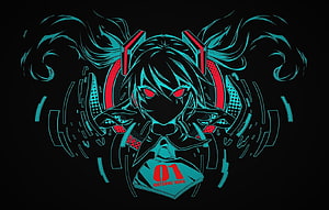 Dark Cyberpunk Style Hatsune Miku Illustration with Neon Cyan and Red Accents on Black Background HD wallpaper