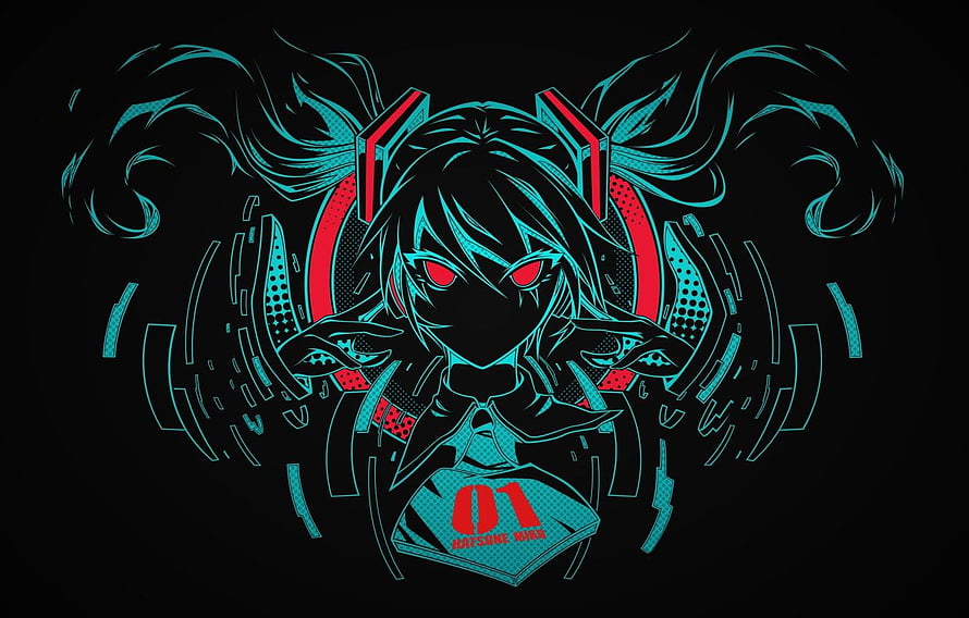 Dark Cyberpunk Style Hatsune Miku Illustration with Neon Cyan and Red Accents on Black Background HD wallpaper