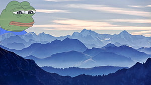 Pepe The Frog Meme Character Overlooking a Majestic Snow-Capped Mountain Range at Dawn HD wallpaper