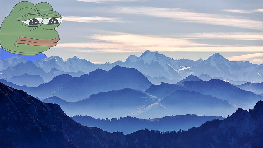 Pepe The Frog Meme Character Overlooking a Majestic Snow-Capped Mountain Range at Dawn HD wallpaper