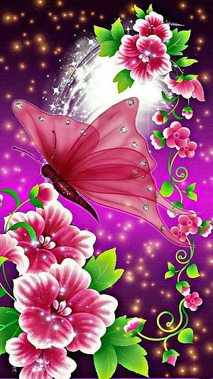 Pink Butterfly with Sparkling Wings and Vibrant Floral Vines on Purple Background HD phone wallpaper