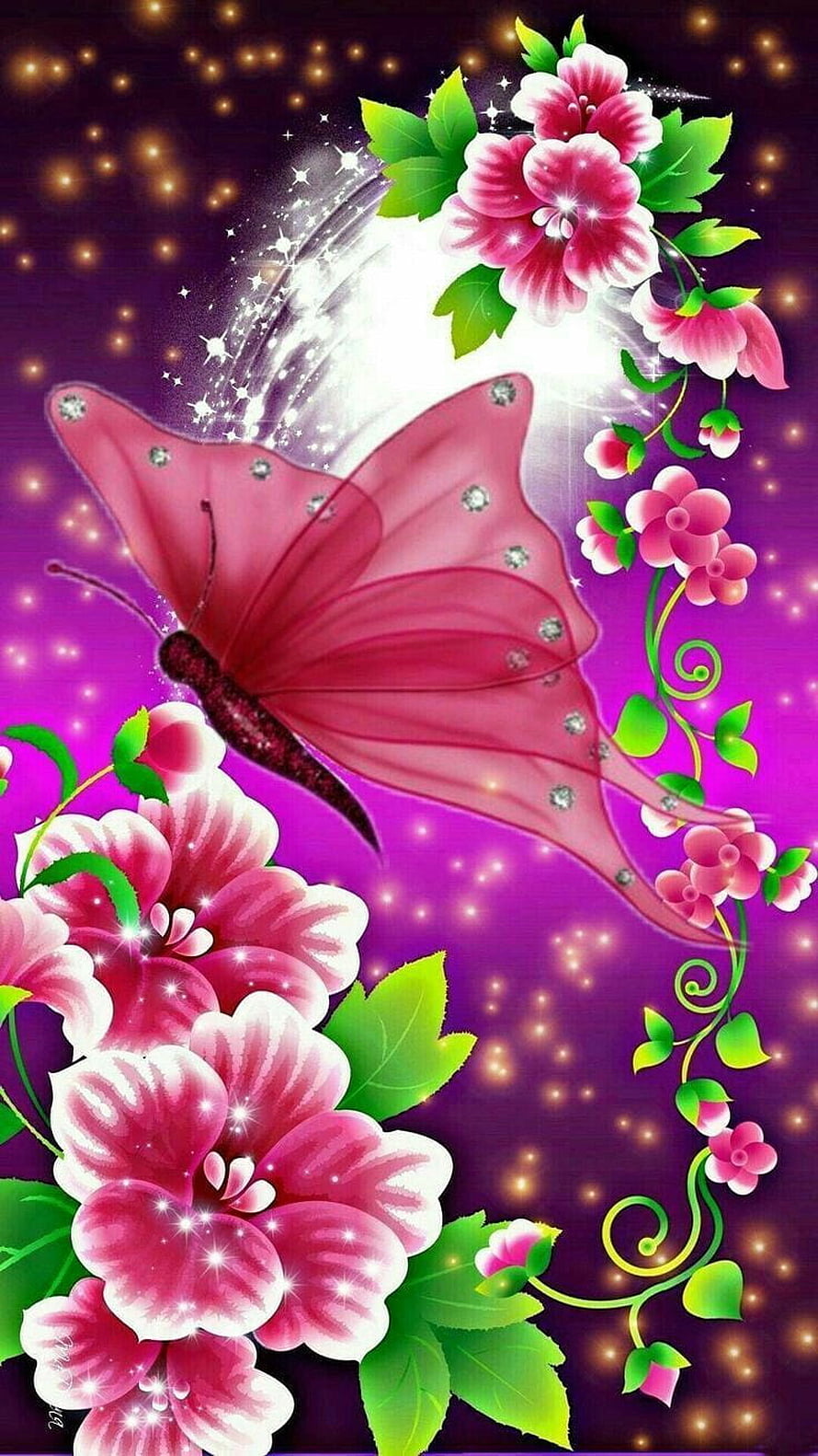 Pink Butterfly with Sparkling Wings and Vibrant Floral Vines on Purple Background HD phone wallpaper