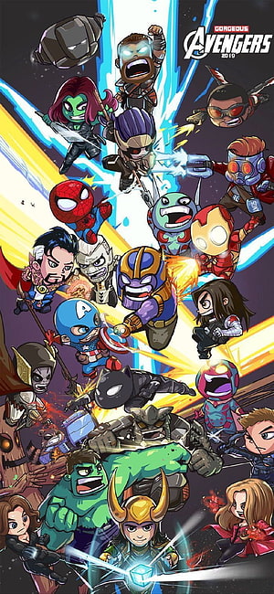 Chibi Style Marvel Avengers 2019 Character Group Artwork HD phone wallpaper